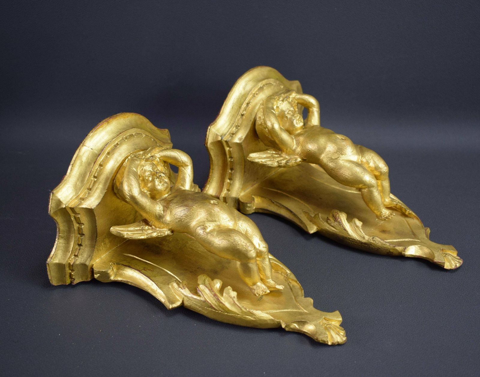 Antique French Pair Of Consoles Hand Carved Wood Angels Putto photo 728.0