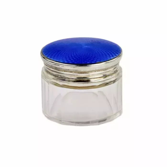 Ladies Glass Box With A Silver Guilloche Enamel Lid. England 20th Century.