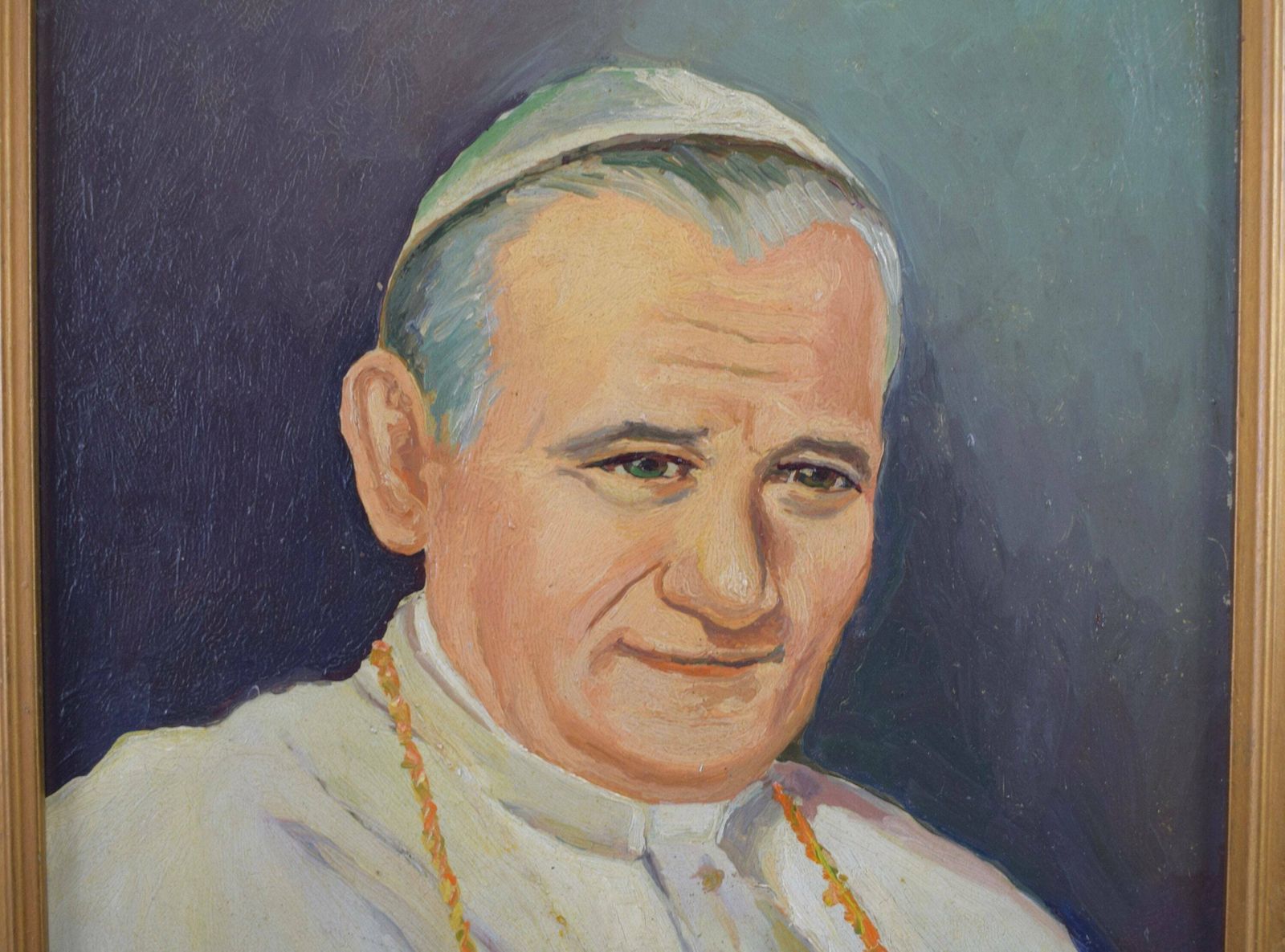 Pope John Paul II Portrait French Vintage Oil Painting On Panel photo for sale