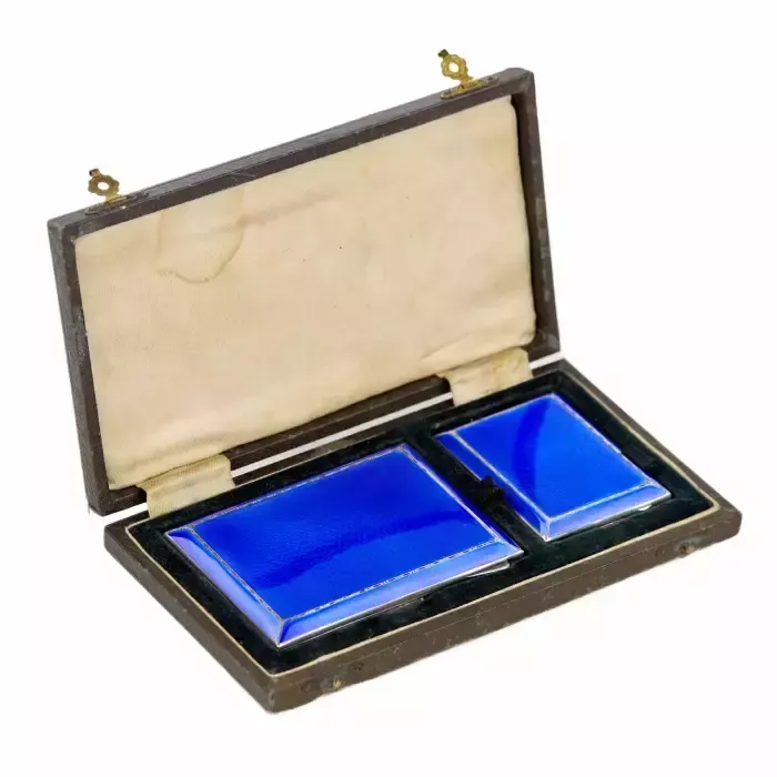 English Smoking Set Of Cigarette Case And Matchbox Made Of Silver And Enamel.