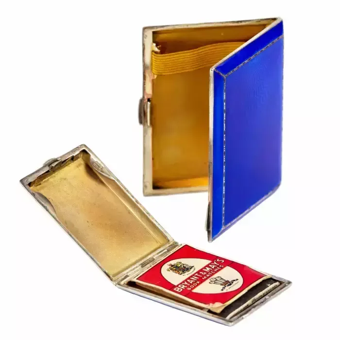 English Smoking Set Of Cigarette Case And Matchbox Made Of Silver And Enamel. photo vinterior