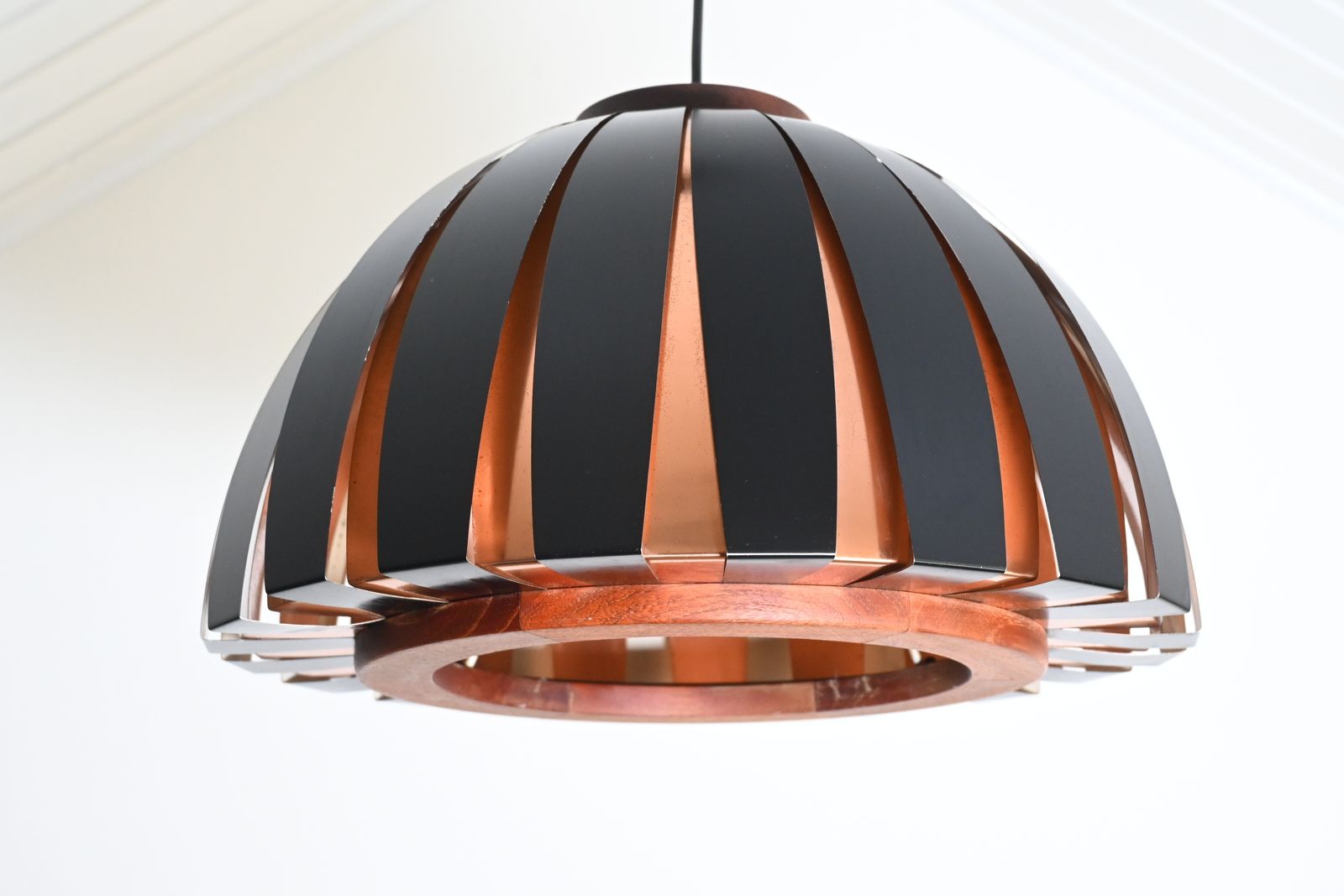 Rare Vintage Fiesta Metal With Wood Pendant / Hanging Lamp By Svend Aage Holm Sørensen, Denmark 1960s