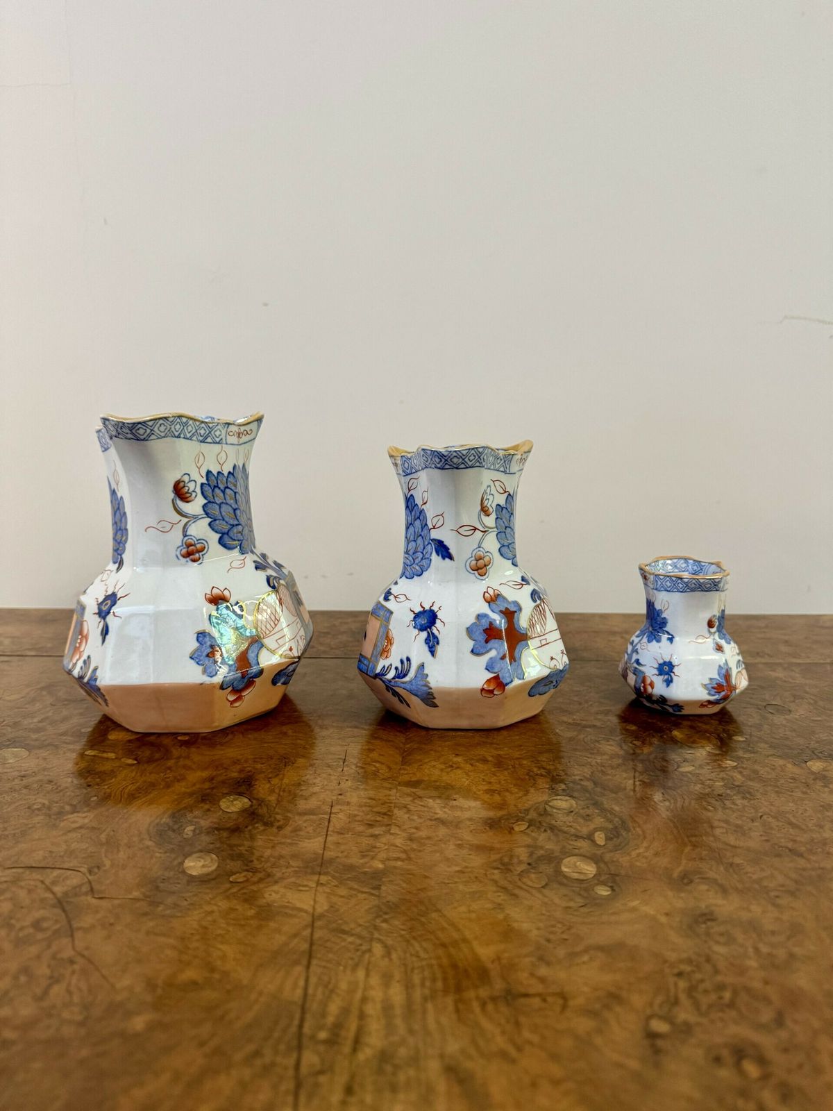 Rare Set Of Three Graduated Antique Masons Ironstone Hydra Jugs photo for sale
