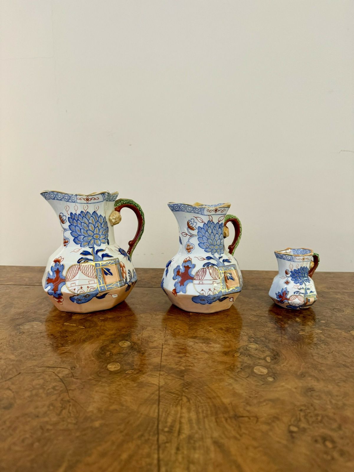 Rare Set Of Three Graduated Antique Masons Ironstone Hydra Jugs photo vinterior