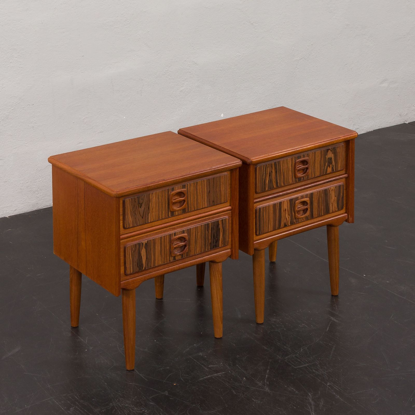 Mid Century Teak Bedside Tables With Rosewood Inlays, Denmark 1960s, Set Of 2 photo for sale