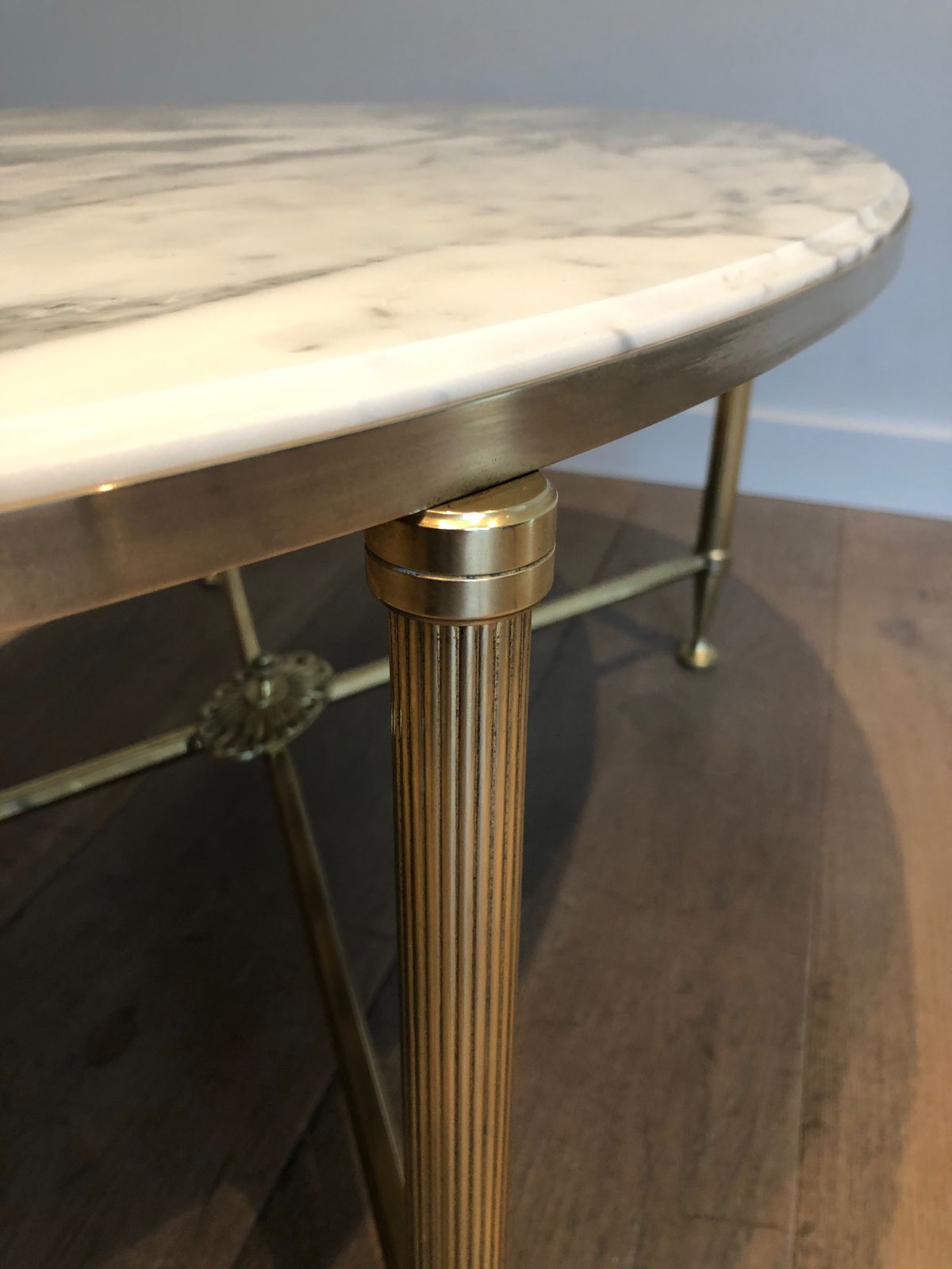 Neoclassical Style Oval Coffee Table In Brass And Carrara Marble Top From Maison Jansen photo vinterior