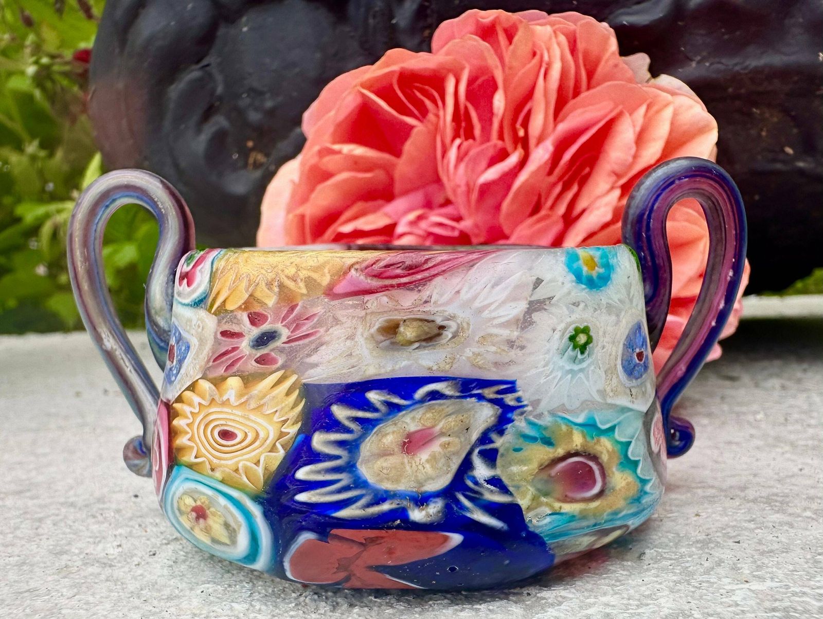 Fratelli Toso Murano Millefiori Miniature Bowl With Handle C.1920, Italian Glass Art photo for sale