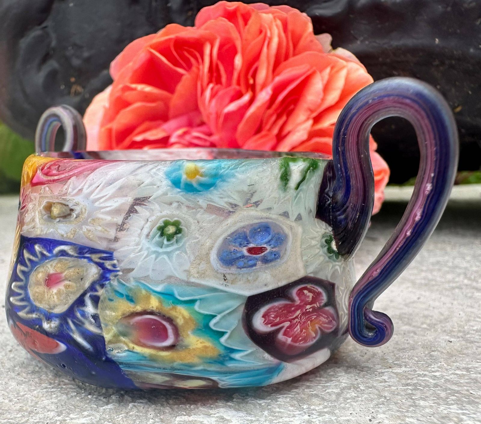 Fratelli Toso Murano Millefiori Miniature Bowl With Handle C.1920, Italian Glass Art photo 400.0