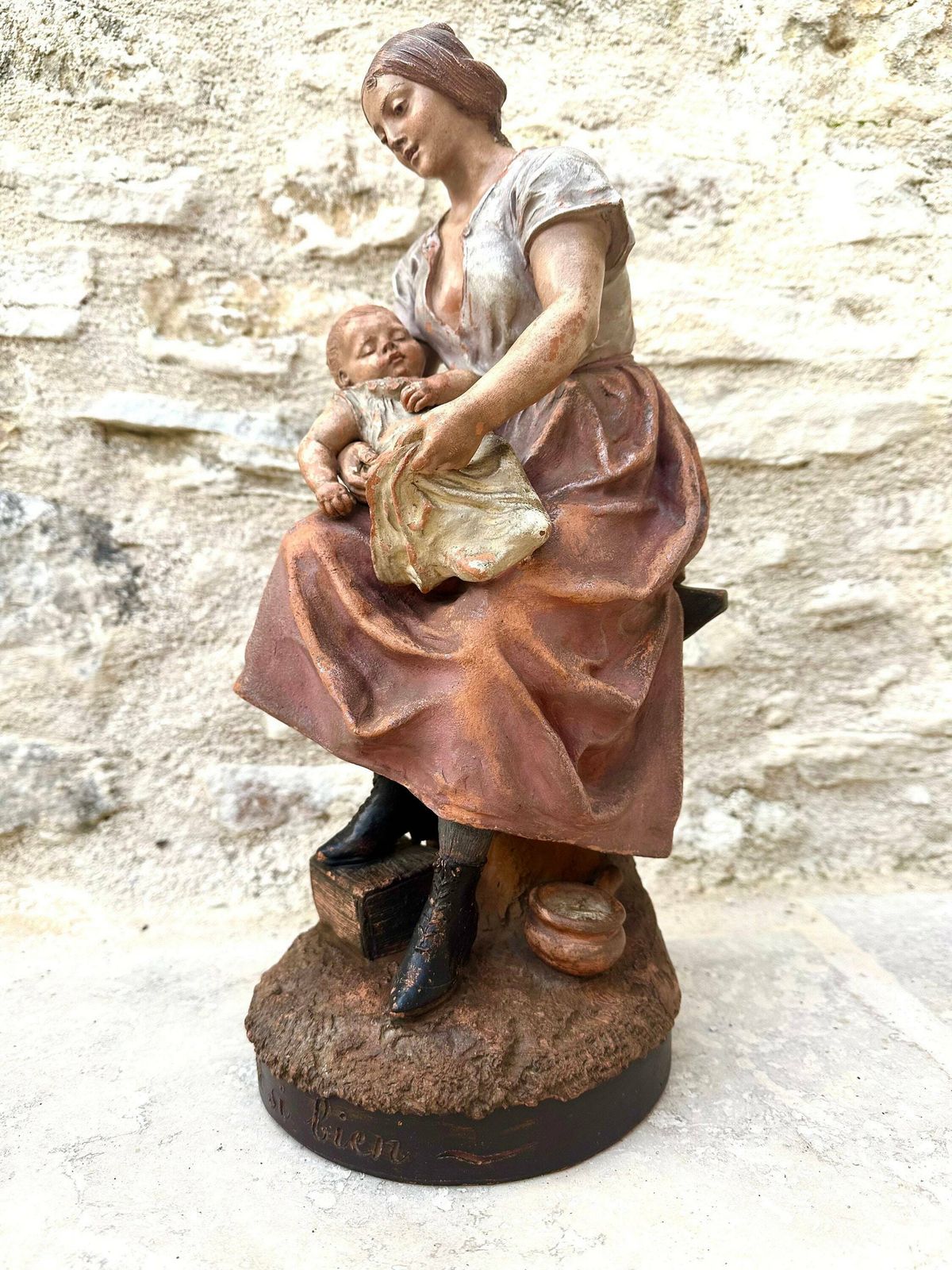 Rare French Antique Motherhood Terracotta Sculpture Of Mother And Baby 19th Century Statue By Joseph Le Guluche photo for sale