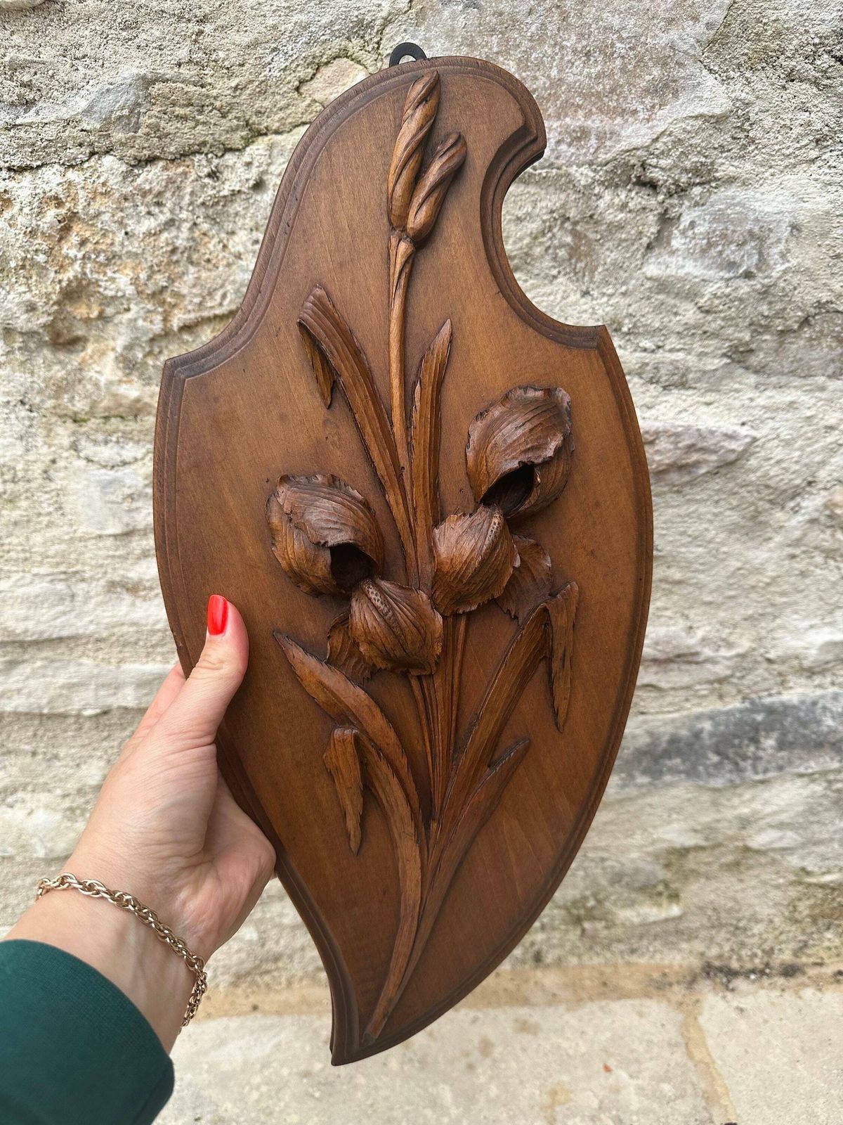 Unique Antique Flower Iris Wood Wall Art, Handmade Carved Panel, Gift For Her Or Him photo vintage