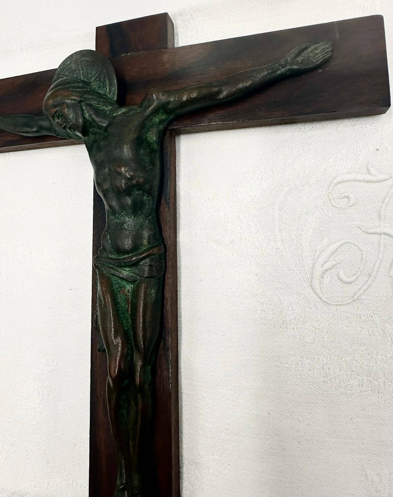 Art Deco Green Bronze And Macassar Ebony Wall Crucifix By Hartmann photo Art