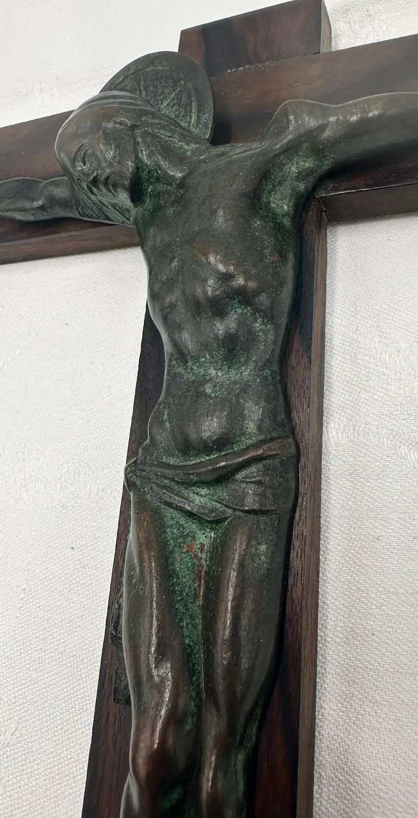 Art Deco Green Bronze And Macassar Ebony Wall Crucifix By Hartmann photo vintage