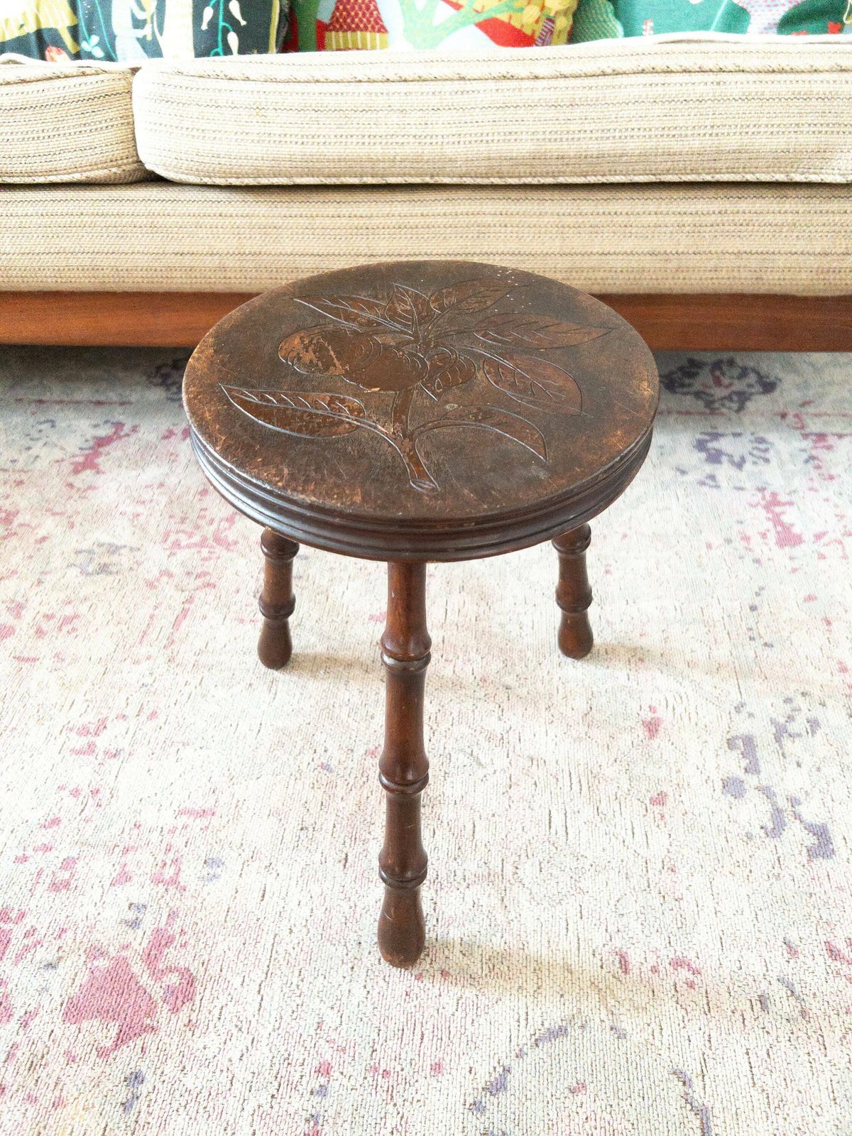 Swiss Wooden Tripod Milking Stool   Ornate Floral Stool Made In Switzerland photo for sale