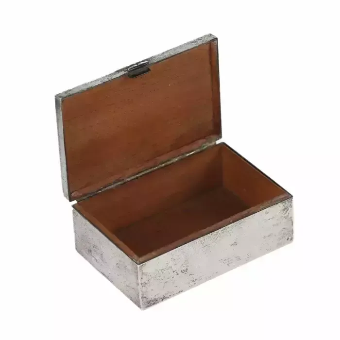 Wooden Box Upholstered With Silver Plated Metal. 20th Century. photo for sale
