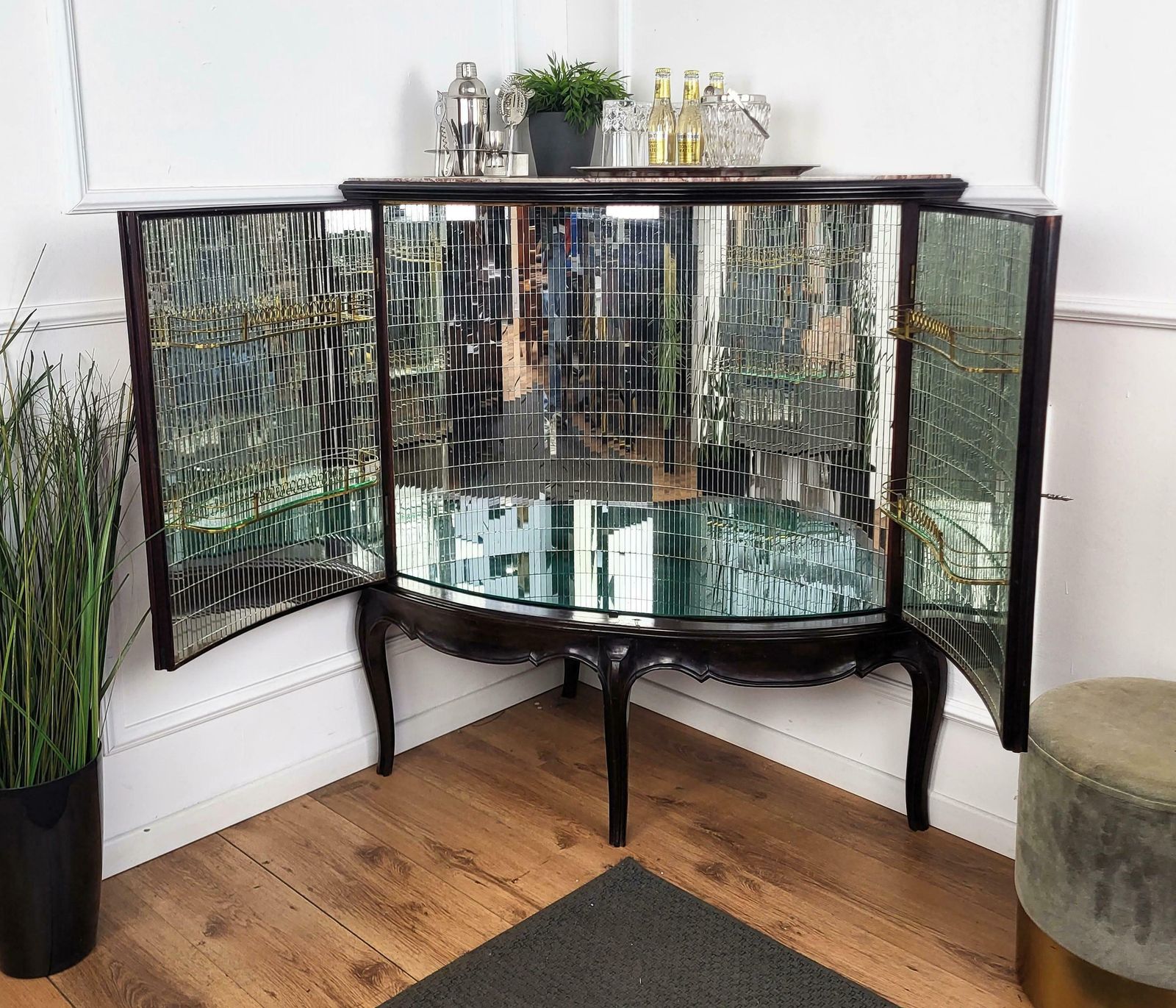 1950s Italian Art Deco Italian Walnut Mirror Mosaic Marble Bar Corner Cabinet photo for sale