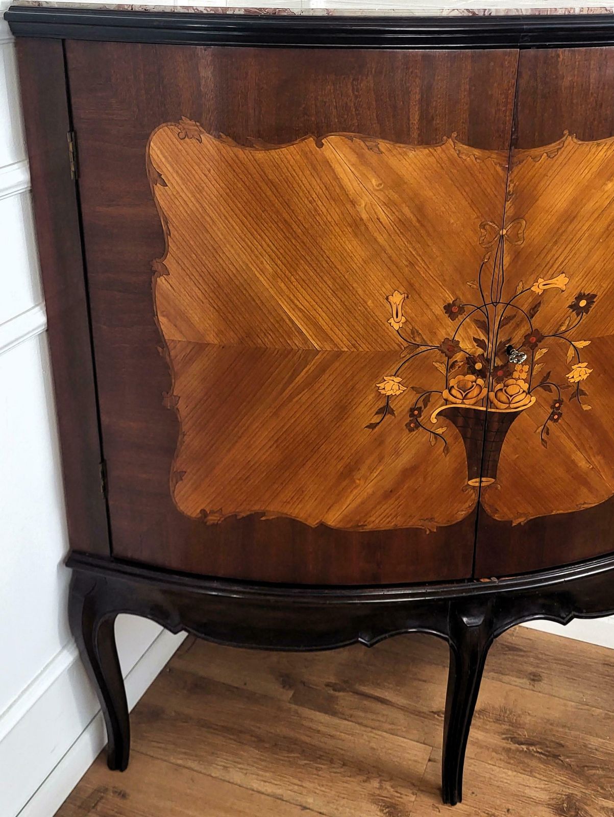 1950s Italian Art Deco Italian Walnut Mirror Mosaic Marble Bar Corner Cabinet photo buy