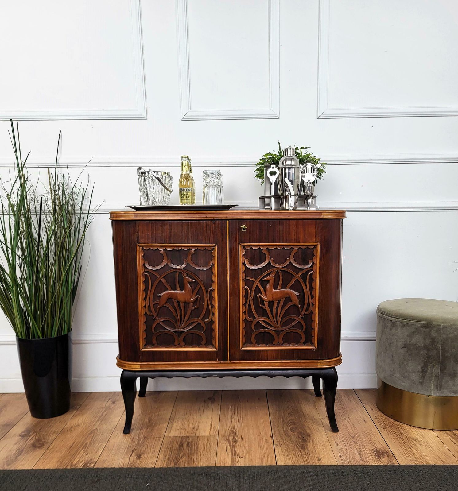 1960s Art Deco Mid Century Italian Forest Wildlife Carved Wood Dry Bar Cabinet photo furniture