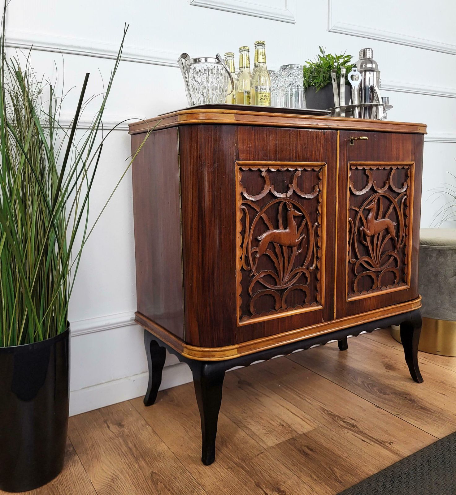 1960s Art Deco Mid Century Italian Forest Wildlife Carved Wood Dry Bar Cabinet photo 1738.0