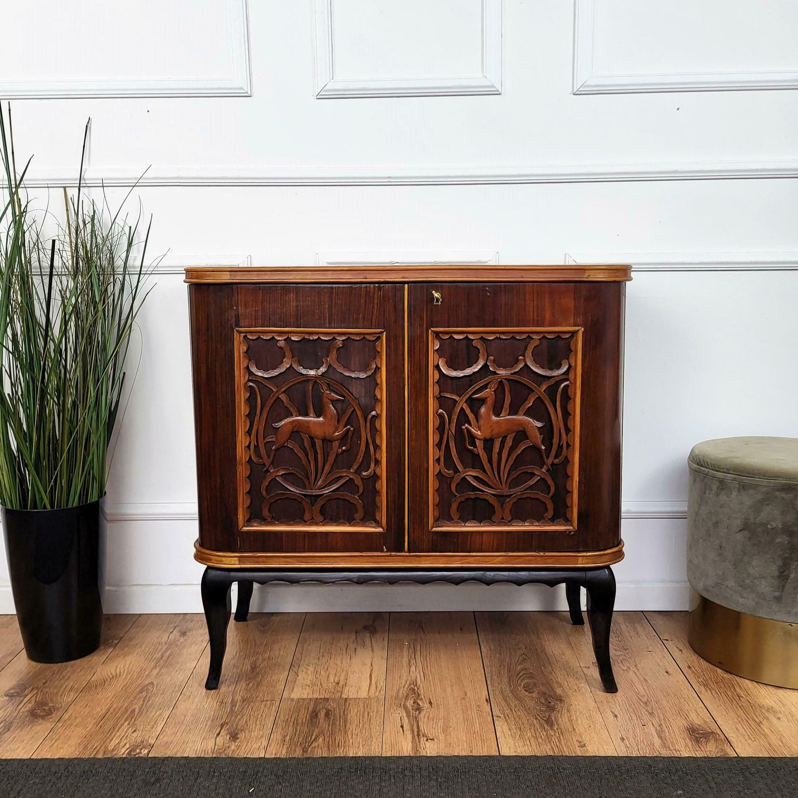 1960s Art Deco Mid Century Italian Forest Wildlife Carved Wood Dry Bar Cabinet photo buy
