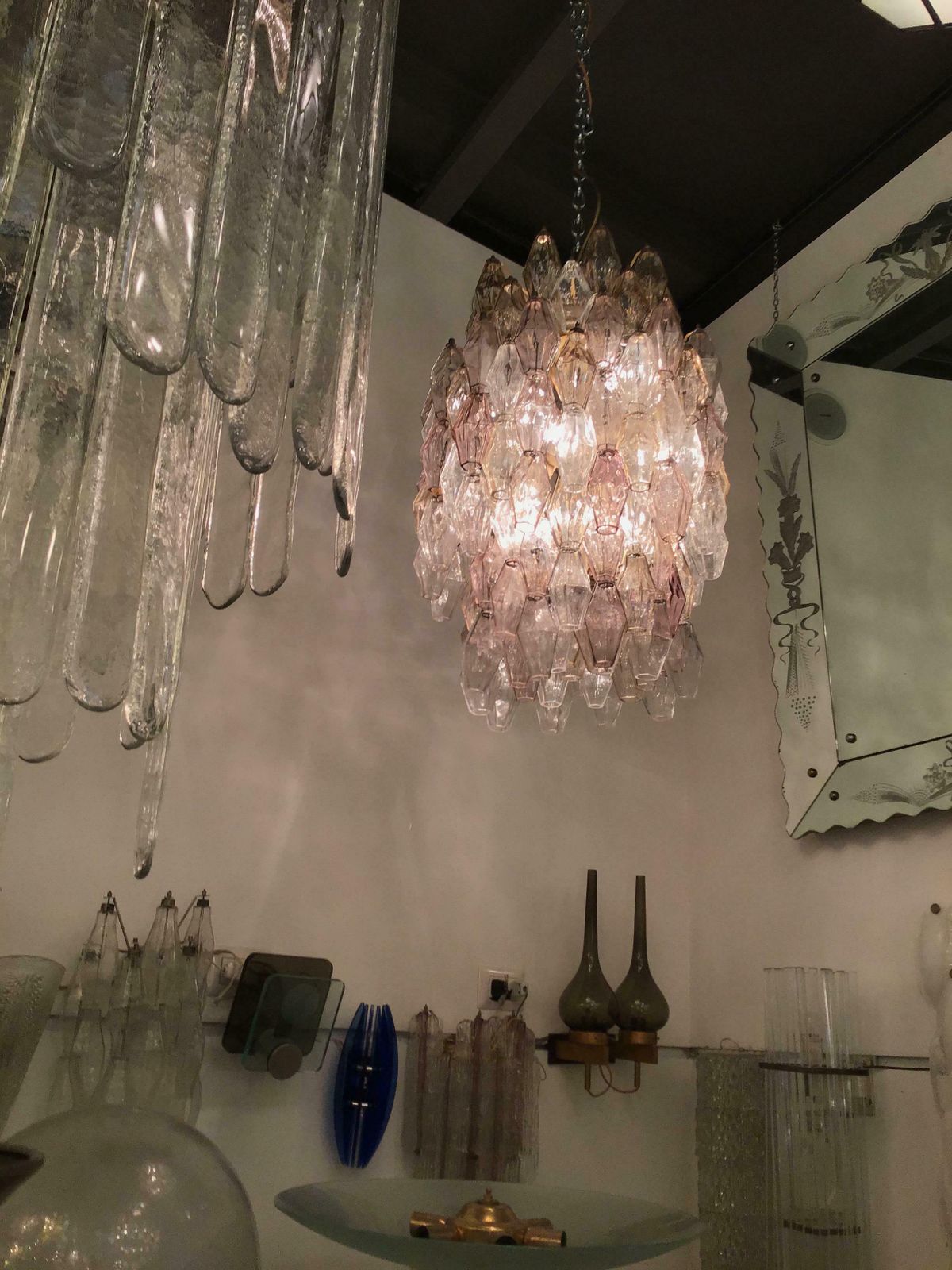 Venini Chandelier Carlo Scarpa Poliedri 1950 Murano Glass Iron Brass, Italy photo Lighting