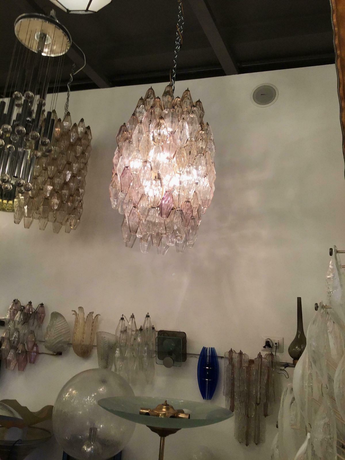 photo for sale Venini Chandelier Carlo Scarpa Poliedri 1950 Murano Glass Iron Brass, Italy