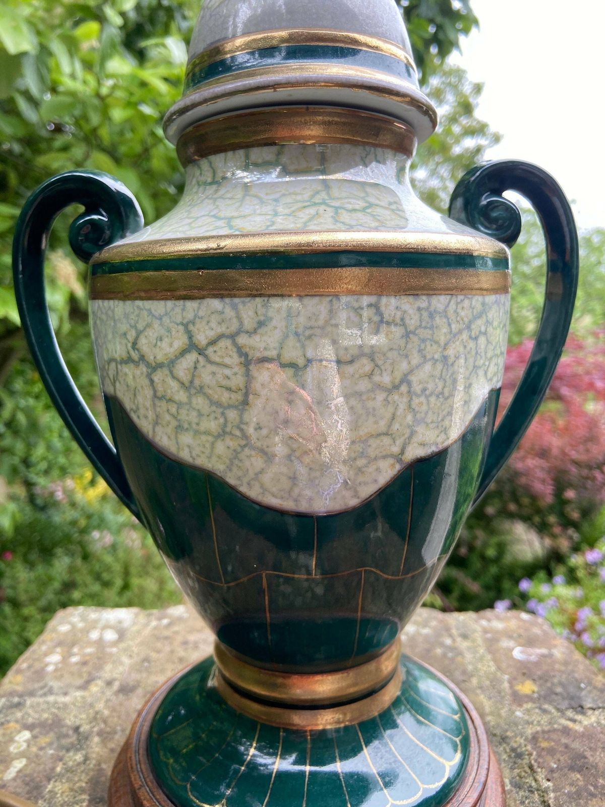 Elegant Vintage Green And Gold Urn Shaped Table Lamp, Working Lamp, Classic Lamp, Table Lamp, Vintage Lamp photo for sale