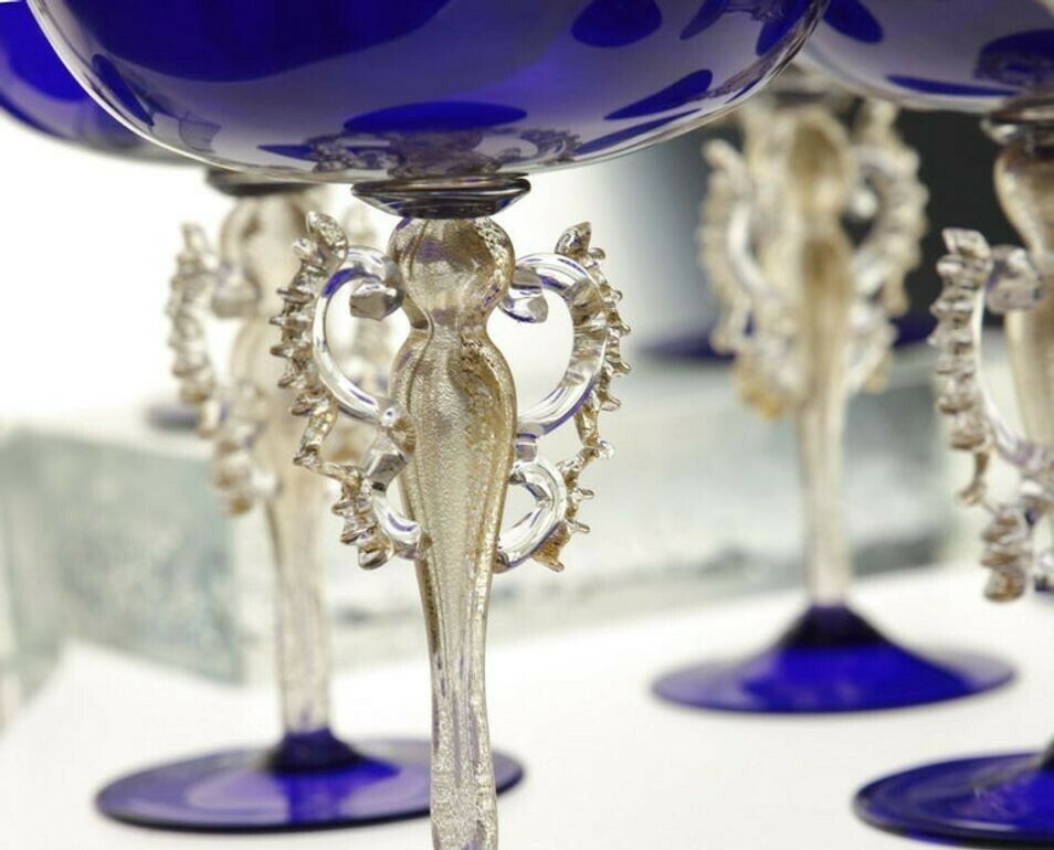 photo buy Set Of 6 Of 12 Cenedese Champagne Goblets Murano Cobalt Glass Gold Accent Signed
