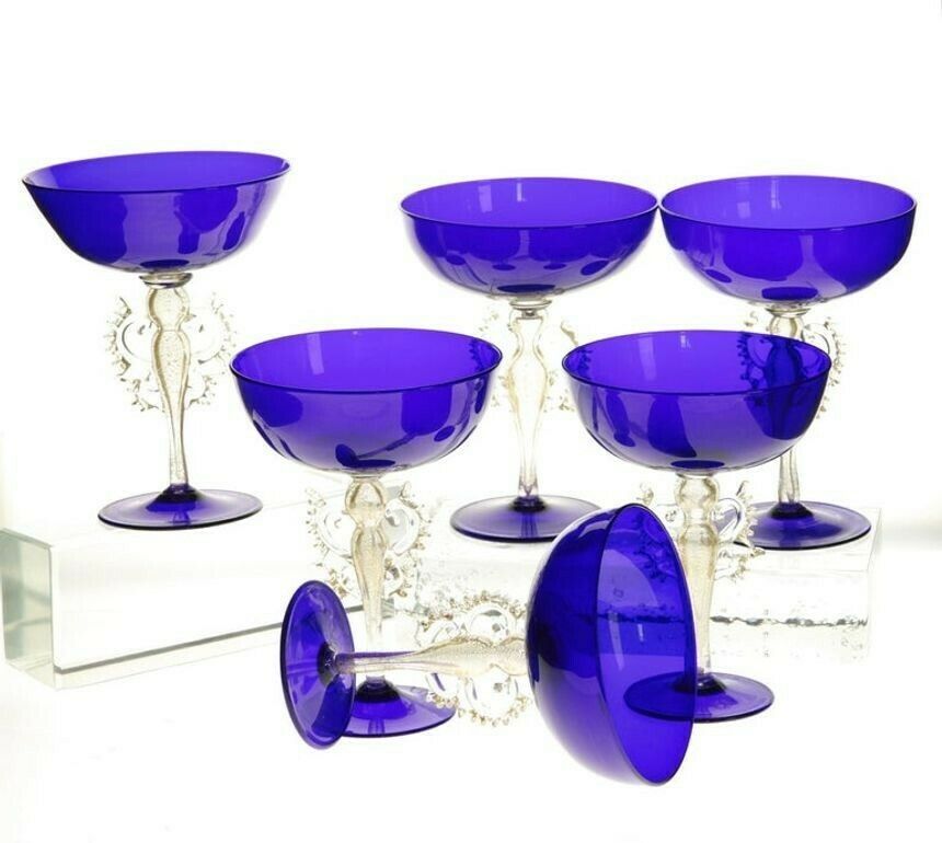 photo vintage Set Of 6 Of 12 Cenedese Champagne Goblets Murano Cobalt Glass Gold Accent Signed