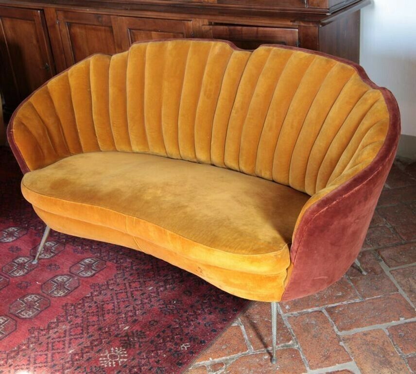 Shell Midcentury Curved Sofa, Brass Cast Feet, Original Velvet, Casa E Giardino photo vinterior