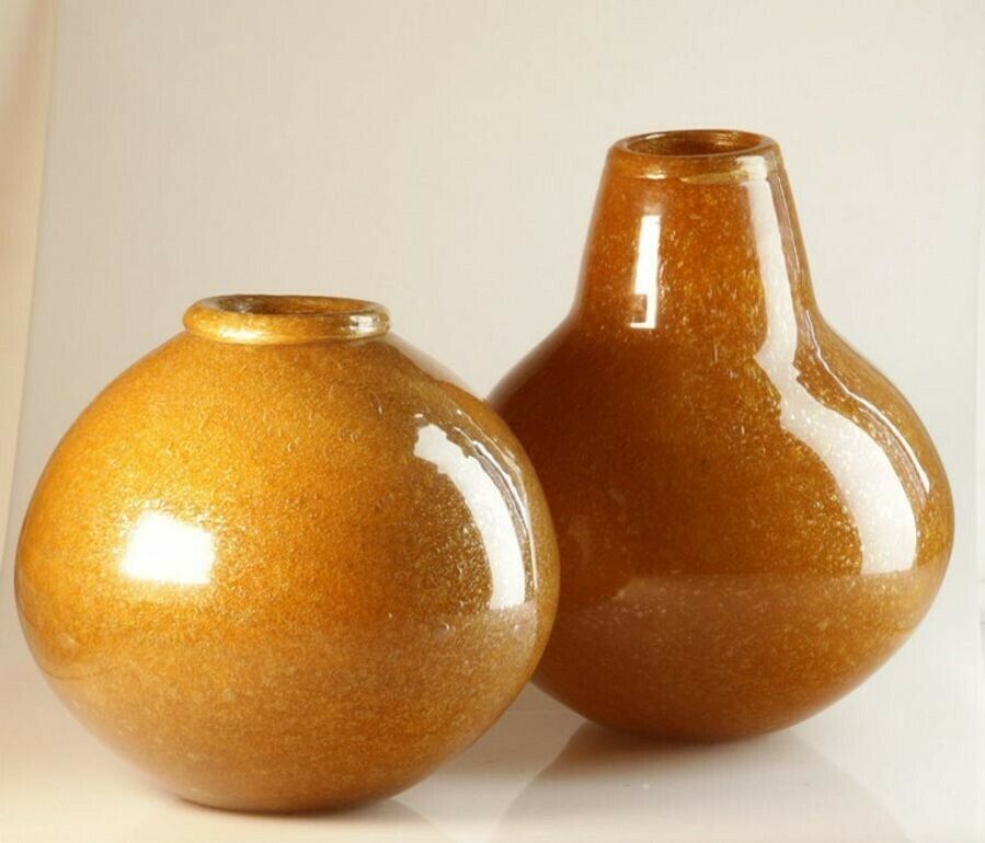 Seguso For Bisazza Pair Mustard Murano Pulegoso Vase Gold Rim, 1993 Signed photo Home Decor