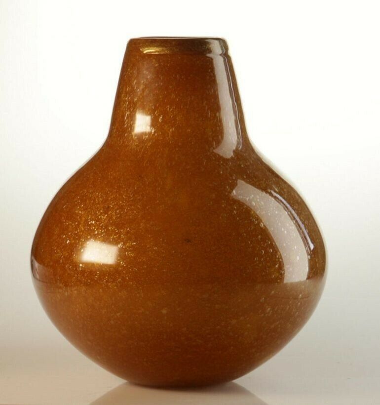 Seguso For Bisazza Pair Mustard Murano Pulegoso Vase Gold Rim, 1993 Signed photo vintage