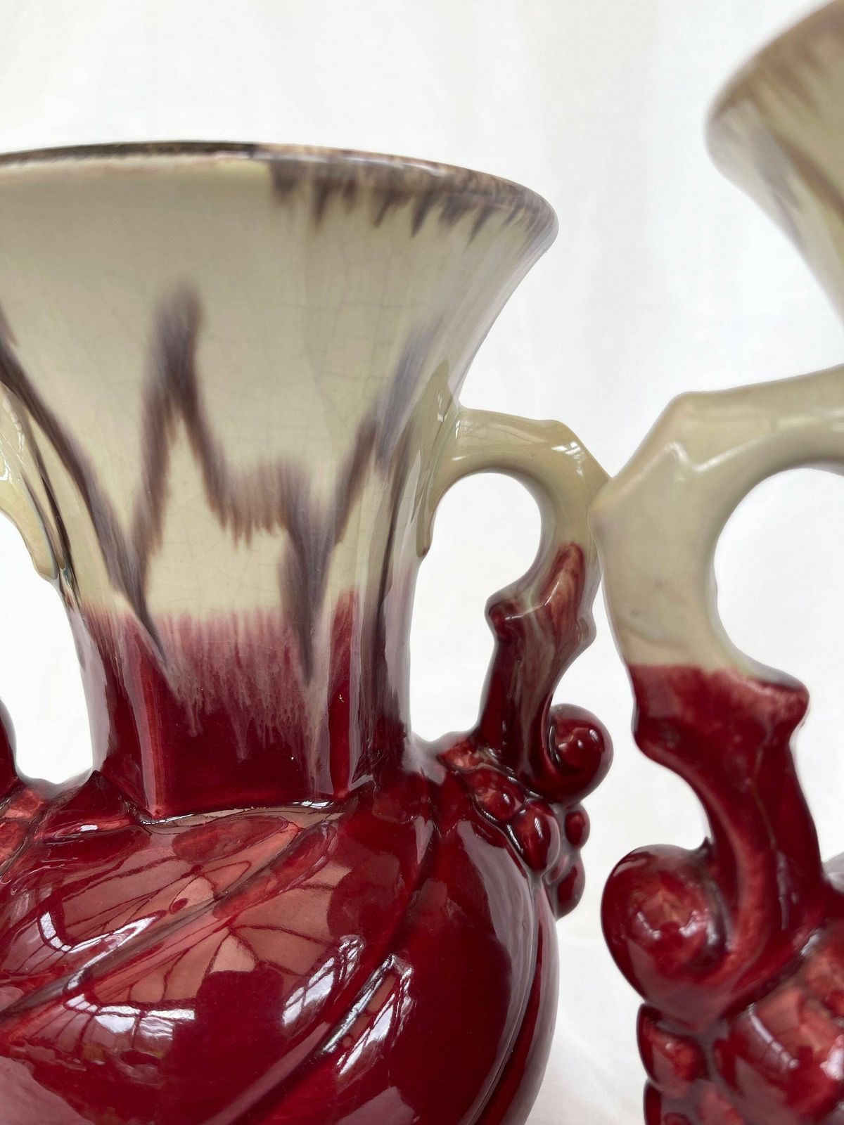 An Attractive Pair Of Mid Century Fat Lava Glaze German Handled Vases photo vinterior