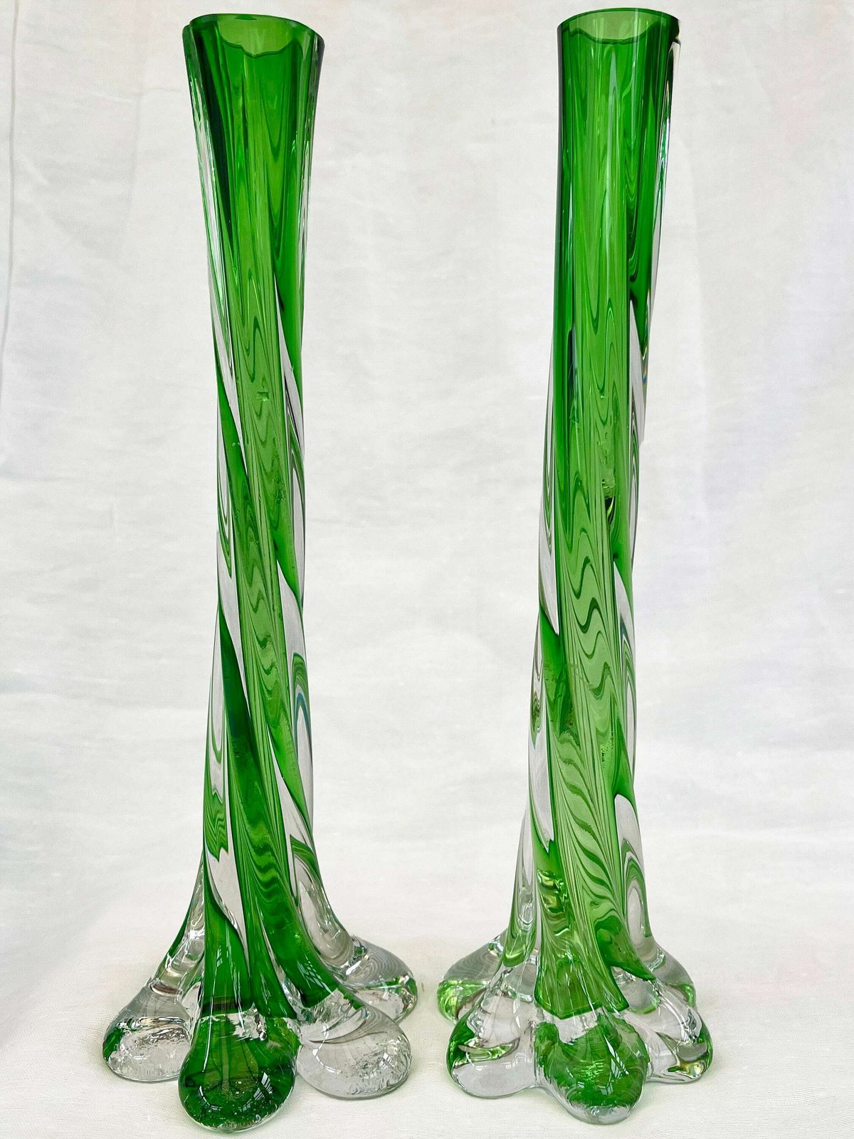 photo furniture A Pair Of Uranium Green French Vintage Twist Stem Vases. Art Glass Flower Sleeves, Circa 1950.