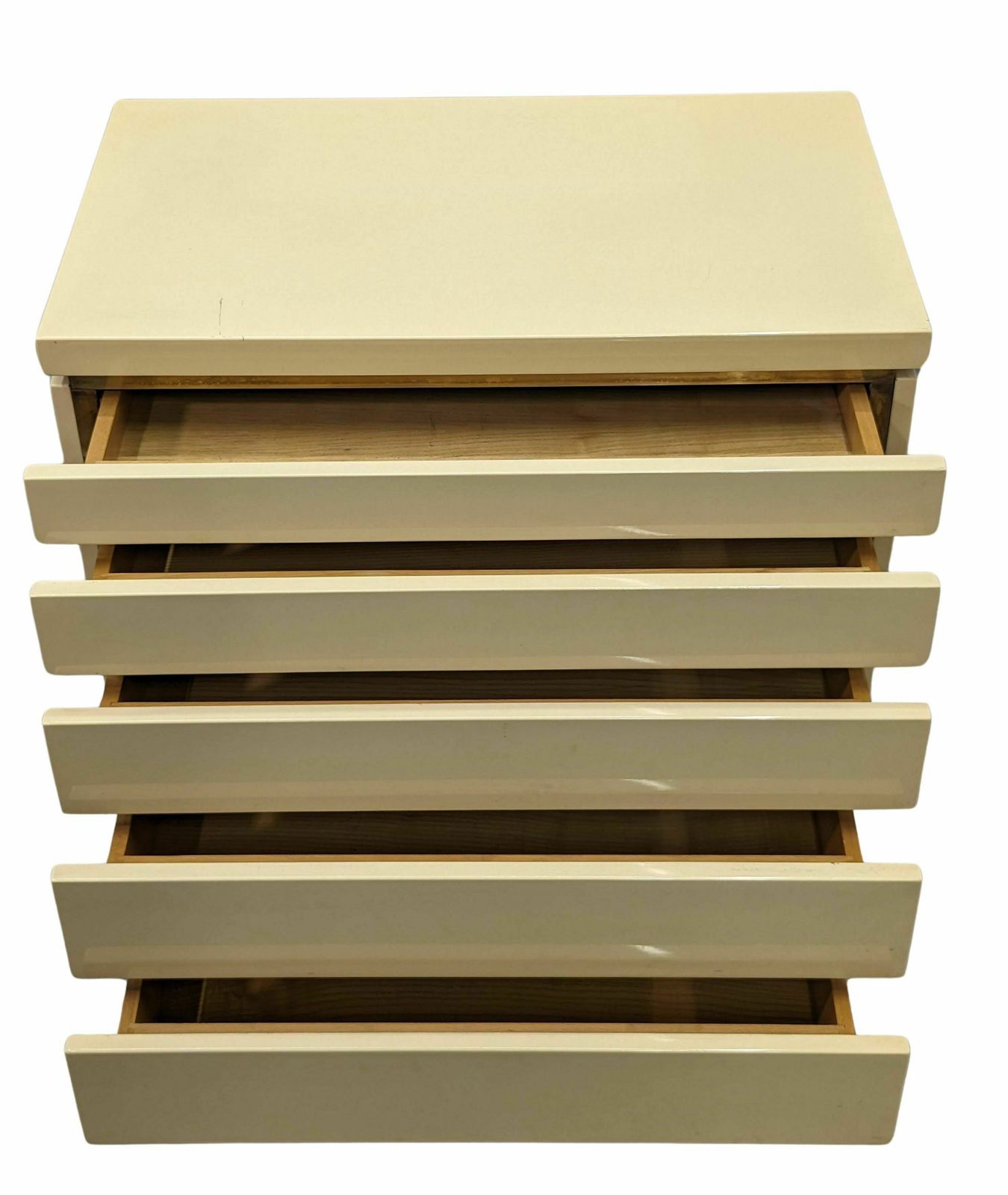 80s Cream Lacquered 5 Drawer Chest Of Drawers By Jean Claude Mahey photo for sale