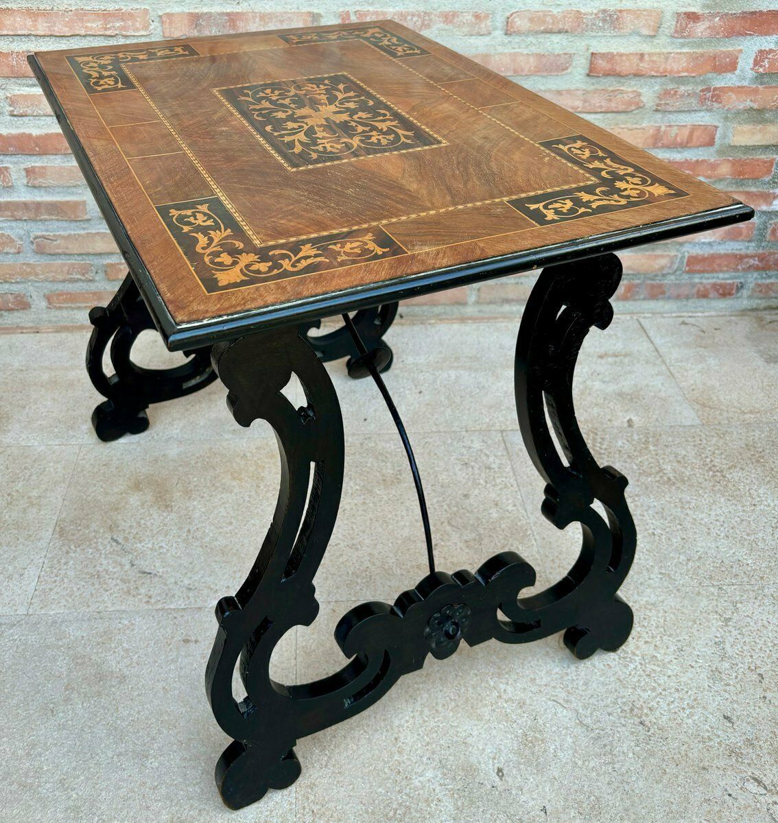 Spanish Baroque Side Table With Lyre Legs And Marquetry Top, 1850 photo furniture
