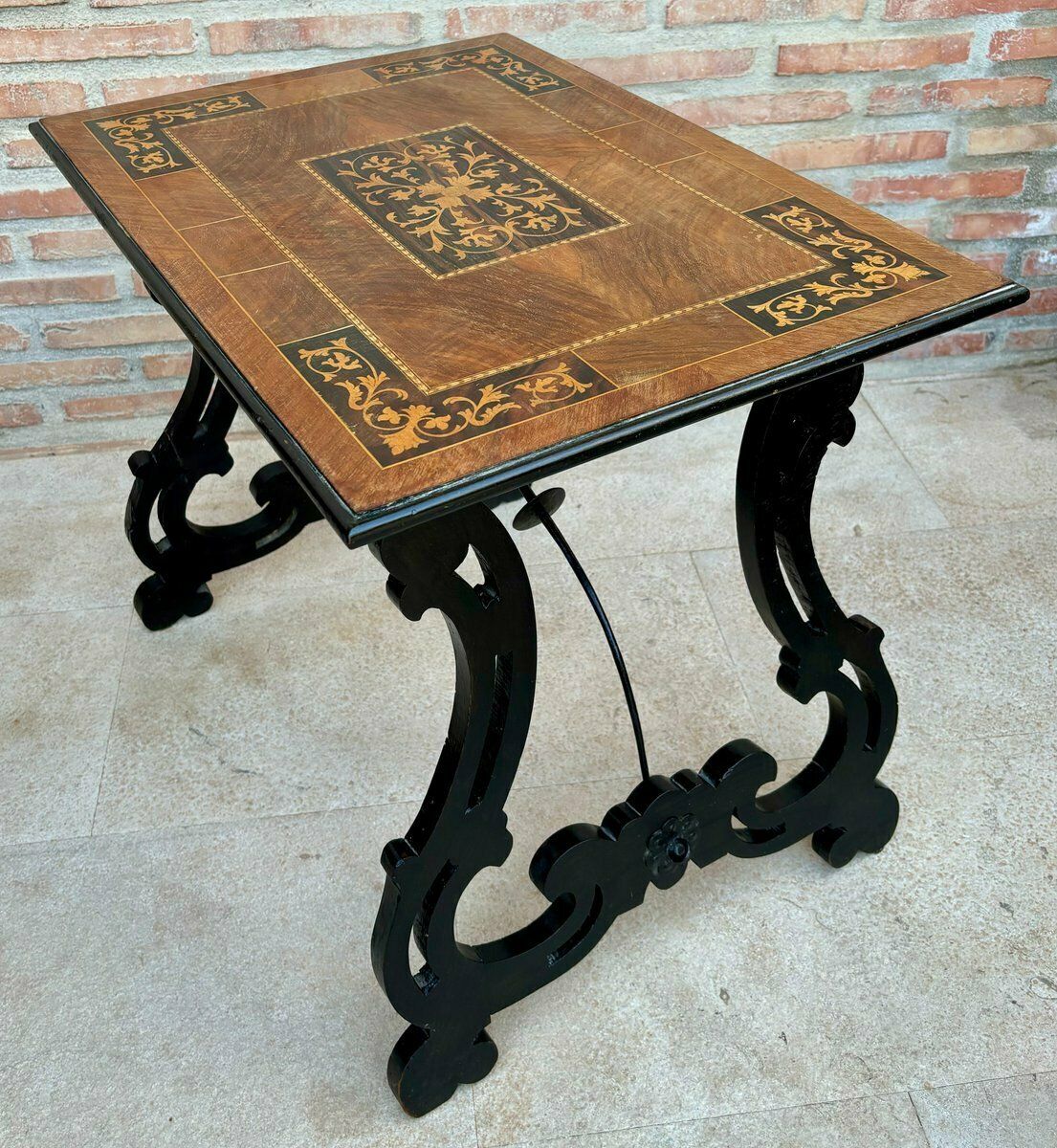 1664.0 Spanish Baroque Side Table With Lyre Legs And Marquetry Top, 1850 photo