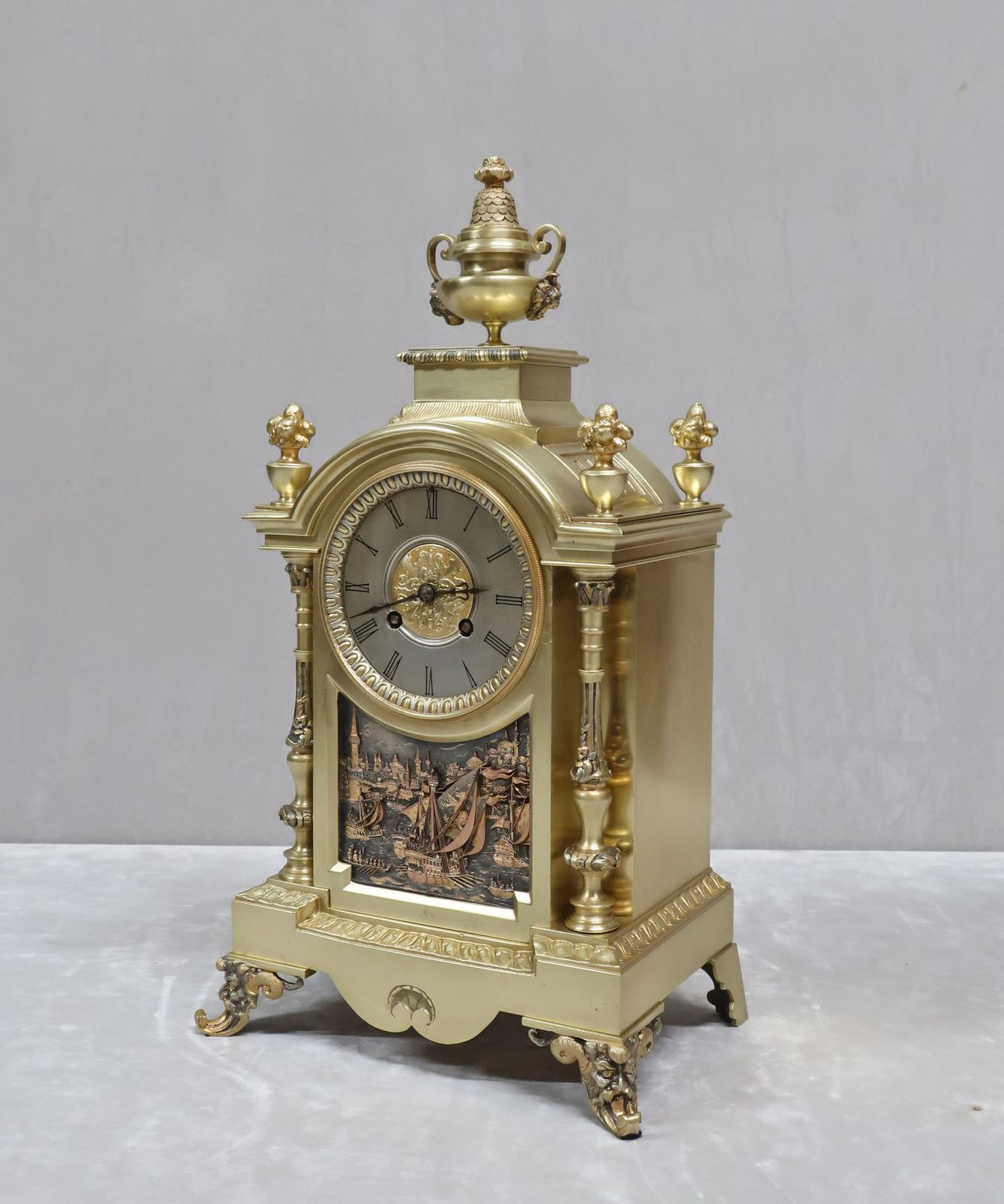 French Brass & Gilt Antique Mantel Clock Set By A.D Mougin photo for sale