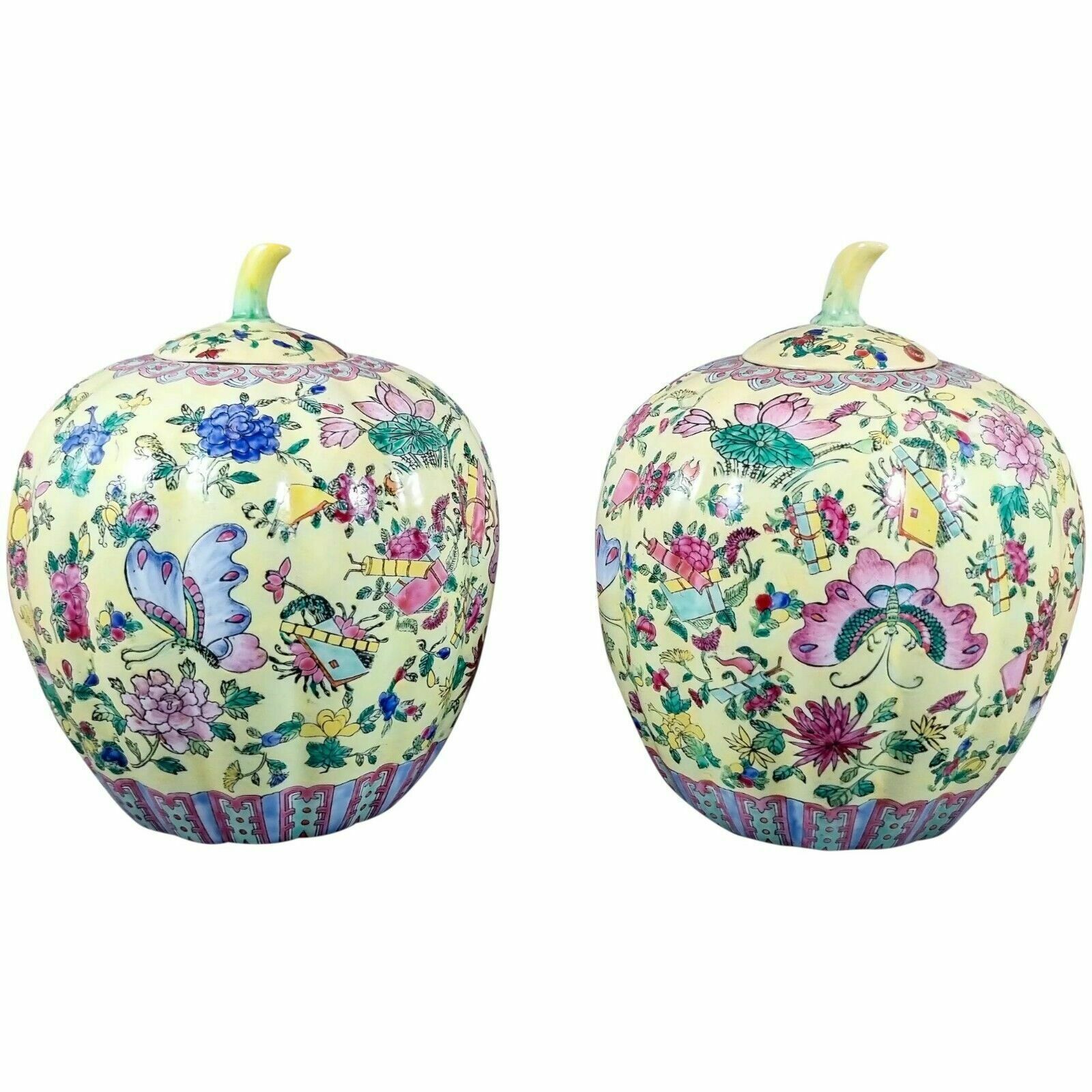 Guangxu Chinese Famille Jaune Melon Ginger Jars Lotus Flowers, Qianlong Red Mark photo furniture