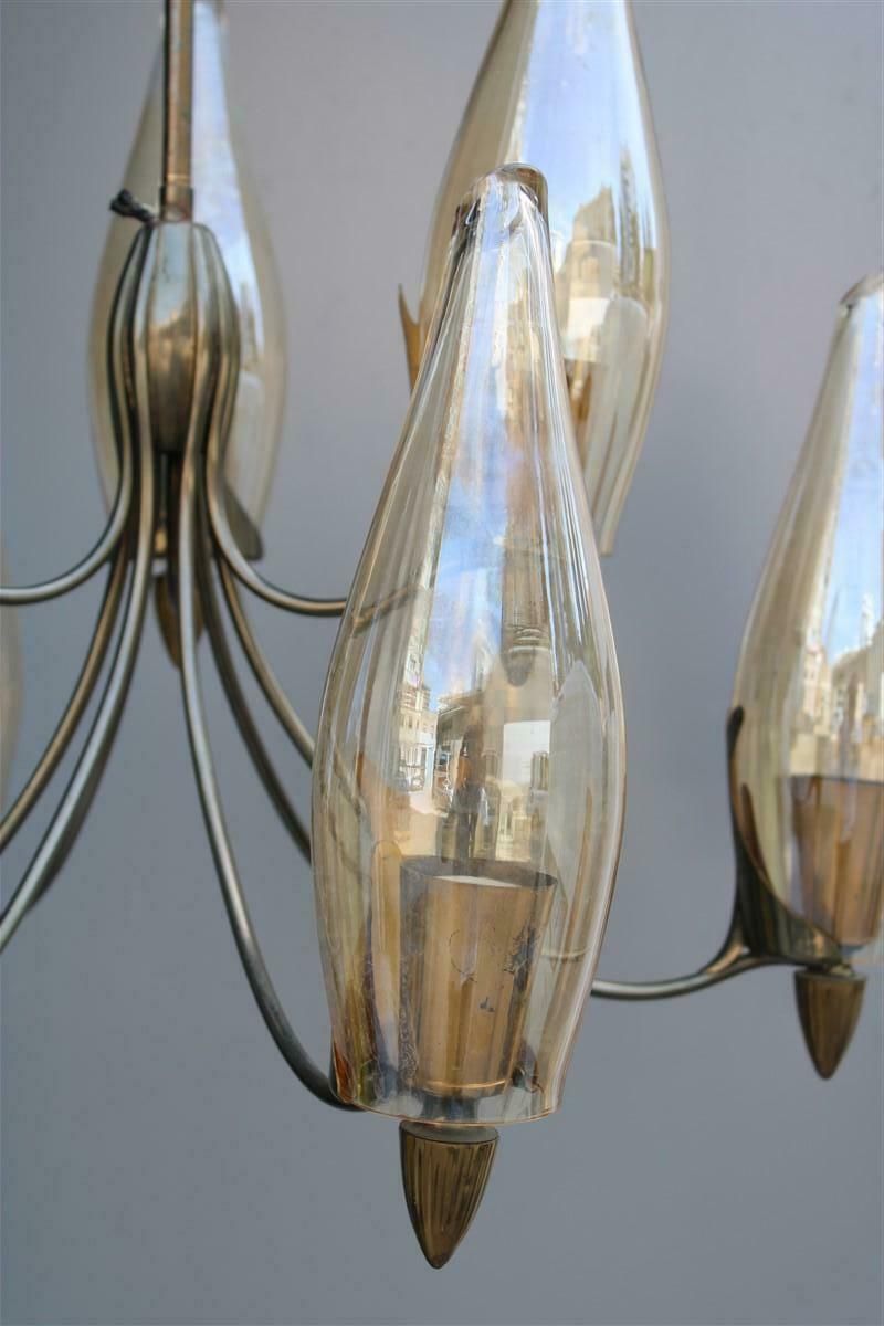 Mid Century Italian Design Chandelier In Brass And Glass Arredoluce Style photo for sale