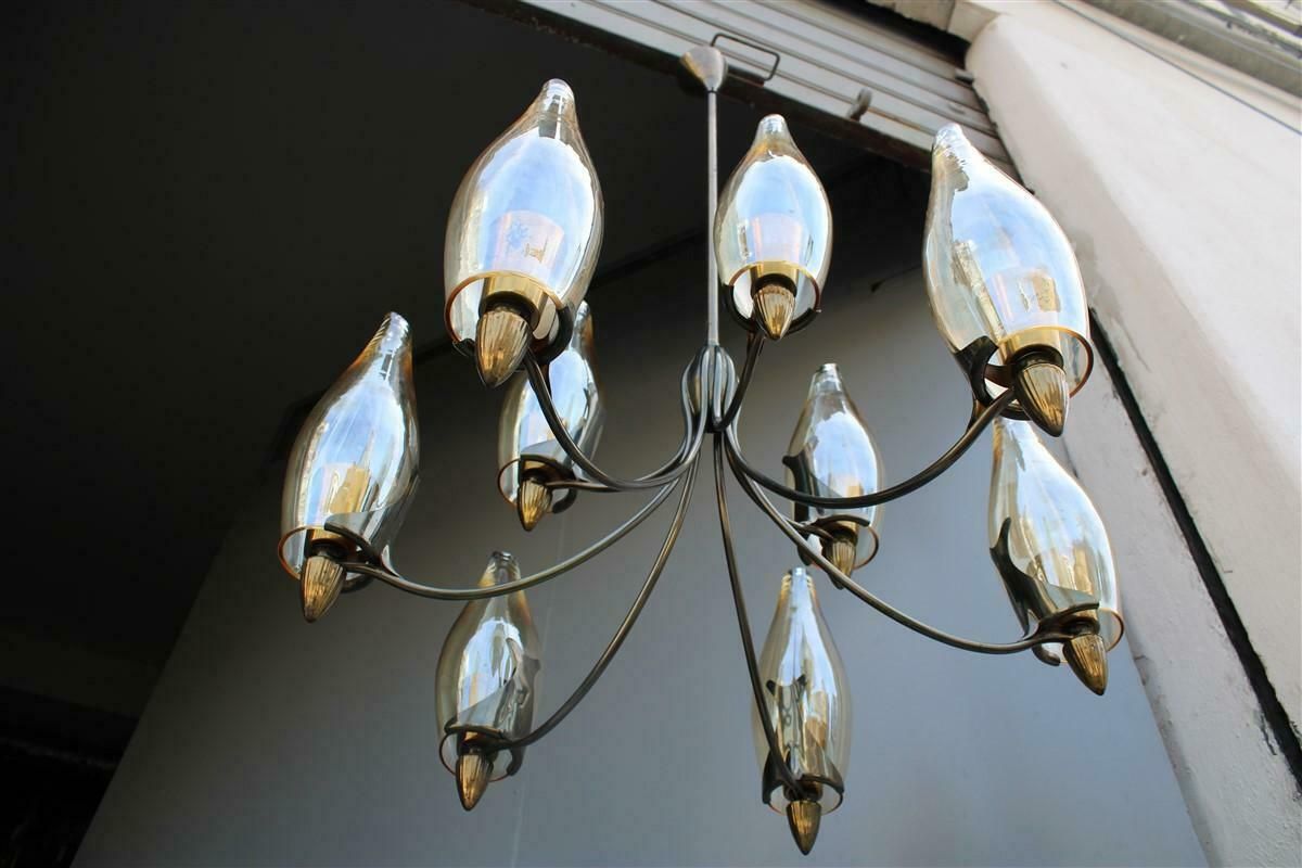 Lighting Mid Century Italian Design Chandelier In Brass And Glass Arredoluce Style photo