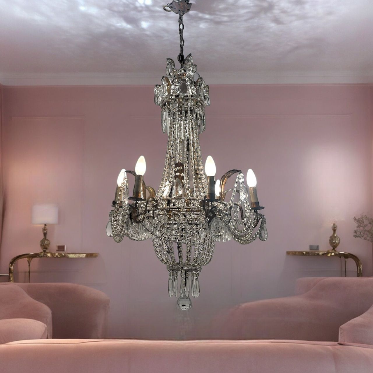Tole Florentine Italian Macaroni Crystal Chandelier From The 1940s