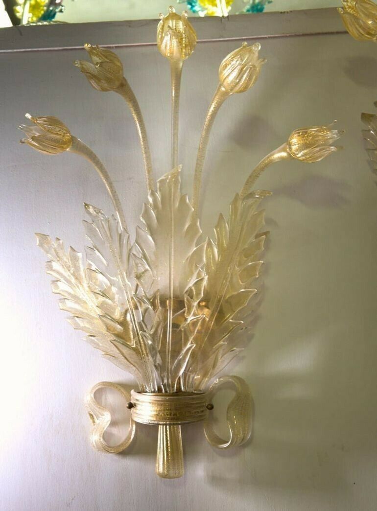 photo buy Seguso Pair Of Sconces, Murano Glass With Gold Leaf, Tulips, Leaves And Bow Deco