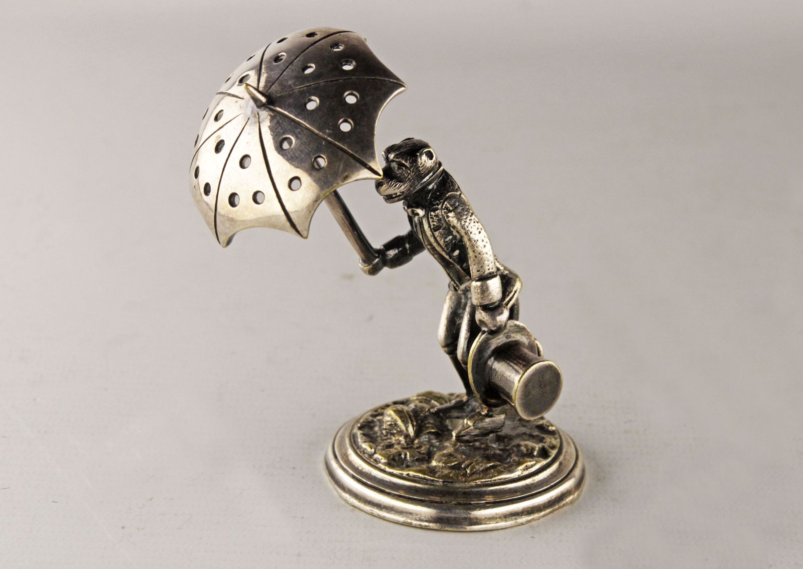 Silvered Bronze Toothpick Holder Of Dressed Monkey With Umbrella And Top Hat photo for sale