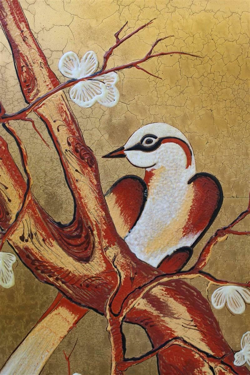 Asian Decorative Panel Birds Almond Blossom Enamel On Metal Italy photo for sale