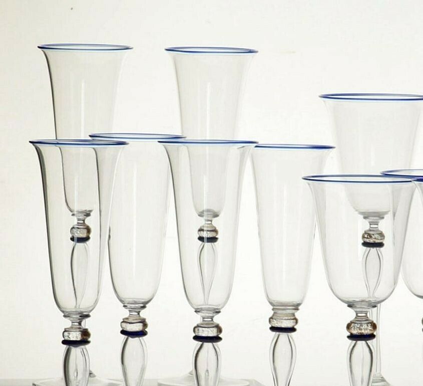 Set 6 Flutes And 6 Stem Glass Cenedese Murano Cobalt And Gold Accents, 80s photo furniture