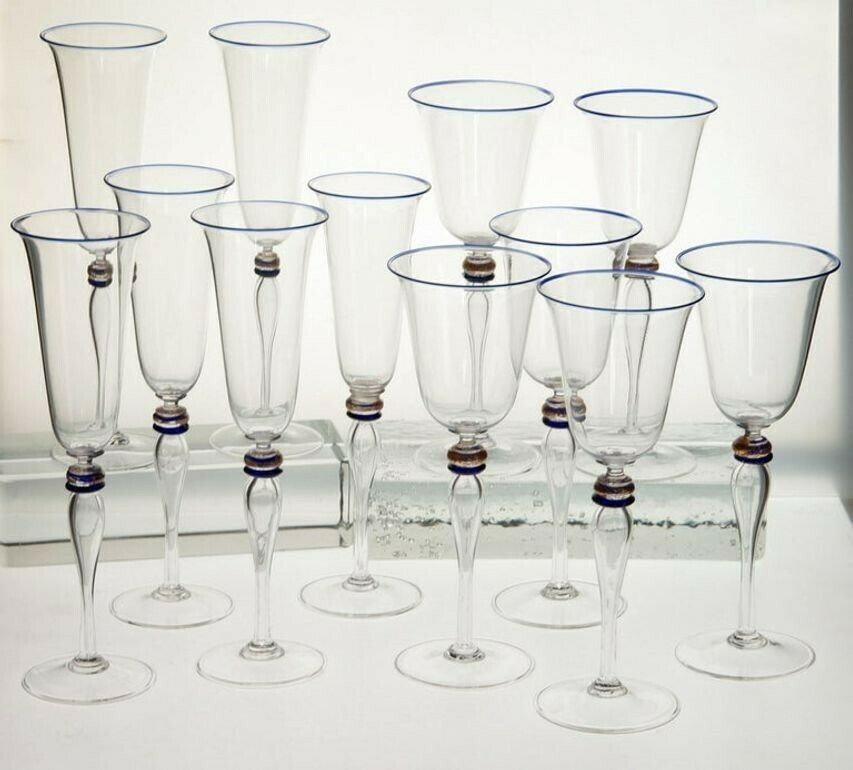 Set 6 Flutes And 6 Stem Glass Cenedese Murano Cobalt And Gold Accents, 80s photo for sale