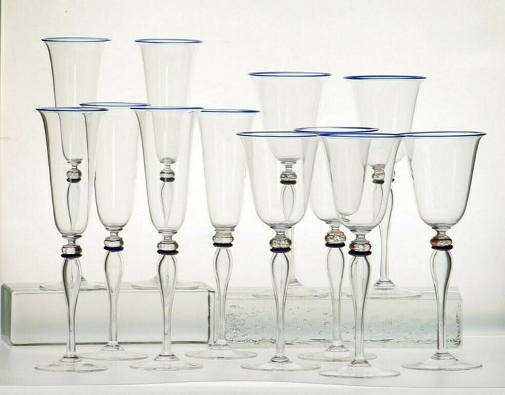 Set 6 Flutes And 6 Stem Glass Cenedese Murano Cobalt And Gold Accents, 80s photo 2400.0