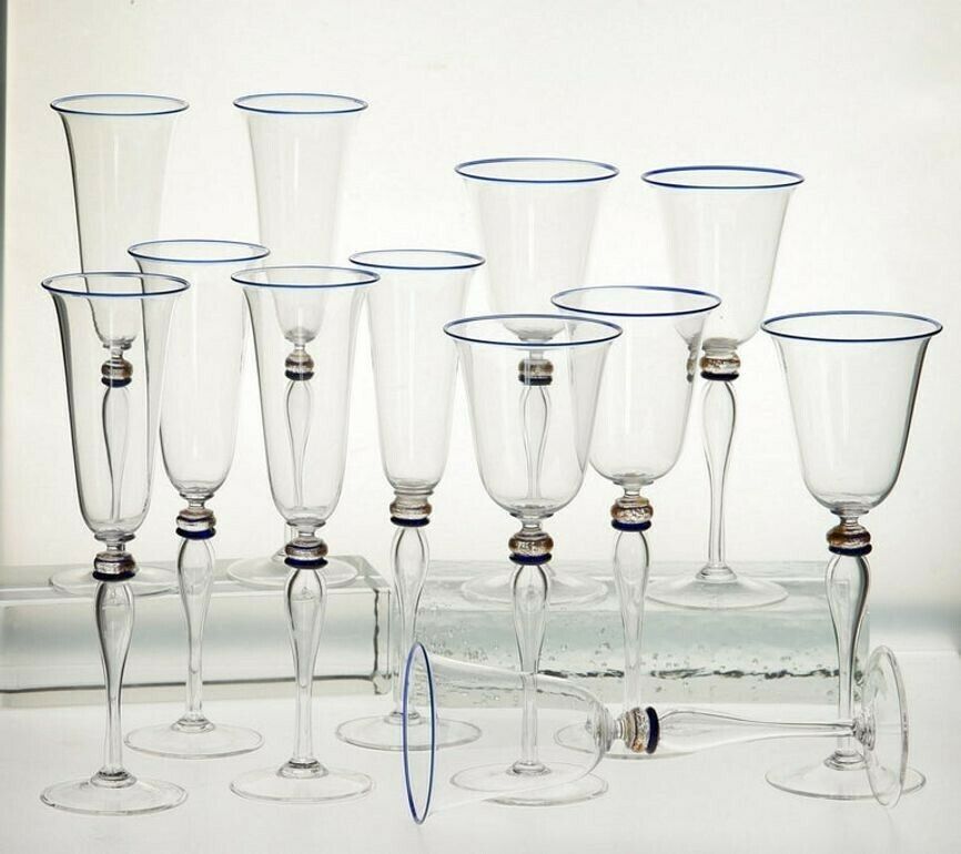 photo buy Set 6 Flutes And 6 Stem Glass Cenedese Murano Cobalt And Gold Accents, 80s