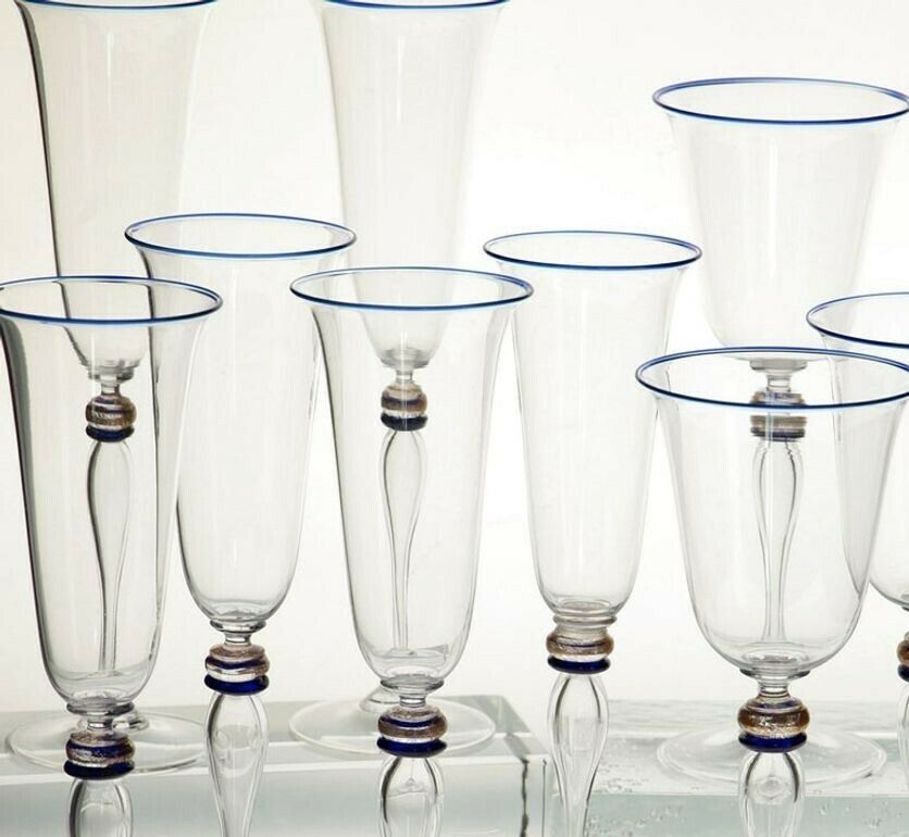 photo vintage Set 6 Flutes And 6 Stem Glass Cenedese Murano Cobalt And Gold Accents, 80s