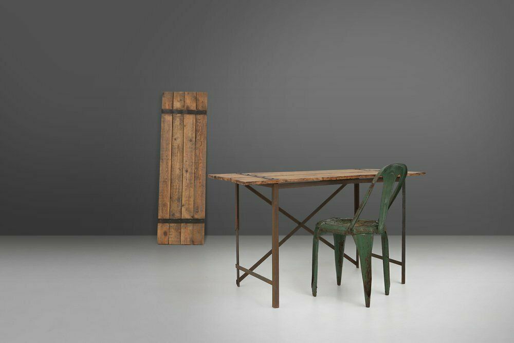 Industrial Side Table With Metal Frame And Wooden Top And Removable Platform, Belgium, 1920s photo Furniture